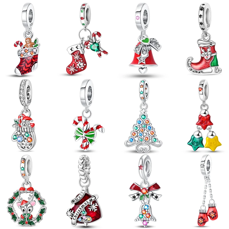 Weihnachtsanhänger, kreativer Weihnachtsmann, Weihnachtsbaum, rote Socken, Stiefel, 925er Sterlingsilber, Perlen, DIY-Armbänder, Schmuck für Frauen