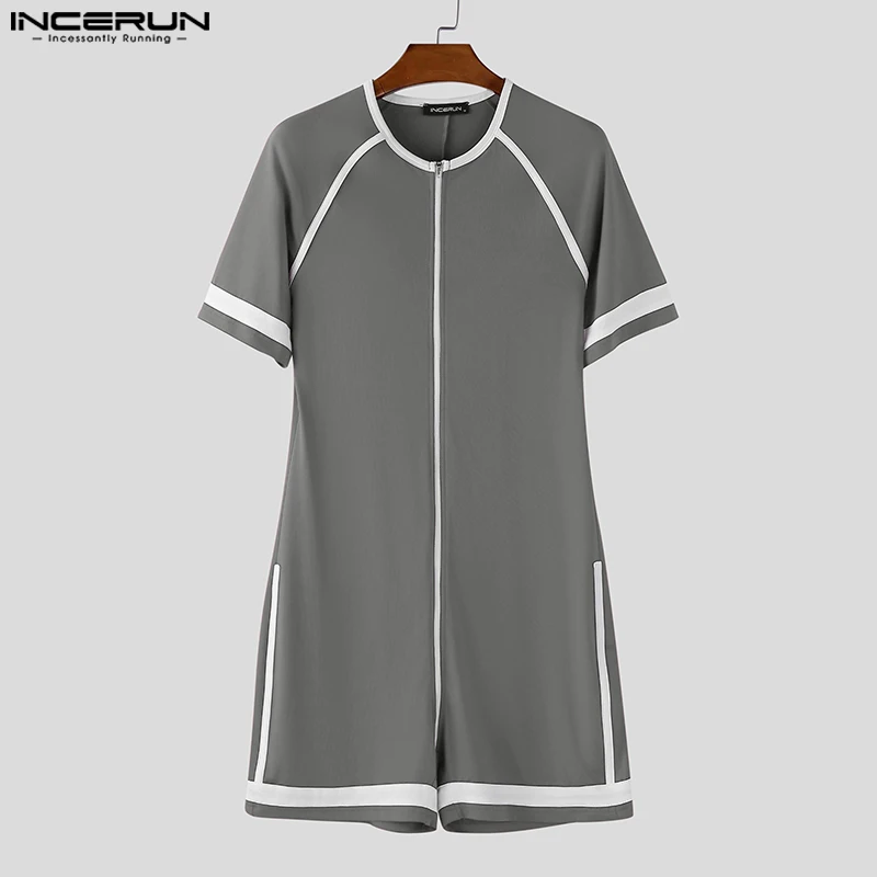 INCERUN Männer Bodys Patchwork Zipper Oansatz Kurzarm Gemütliche Männliche Strampler Playsuits Workout 2025, Mode Lässig Bodysuit Männer