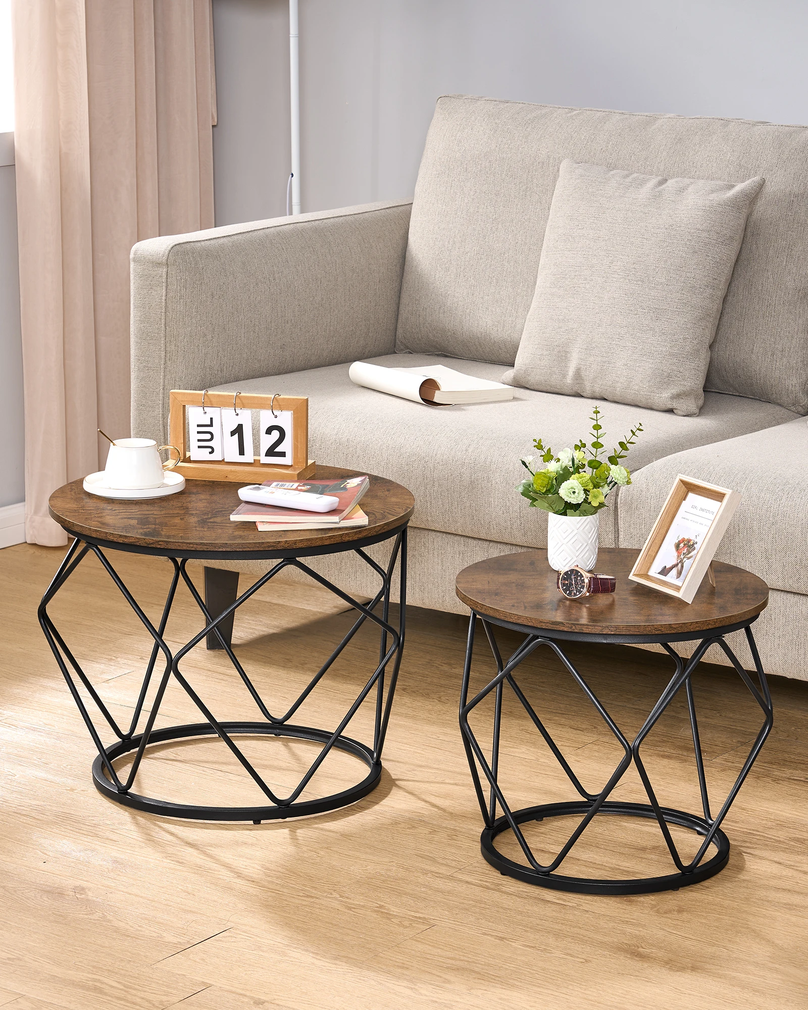 Hzuaneri Table basse ronde, lot de 2, tables d'appoint, ensemble de table d'appoint avec cadre en métal, petite table d'appoint pour salon, chambre à coucher