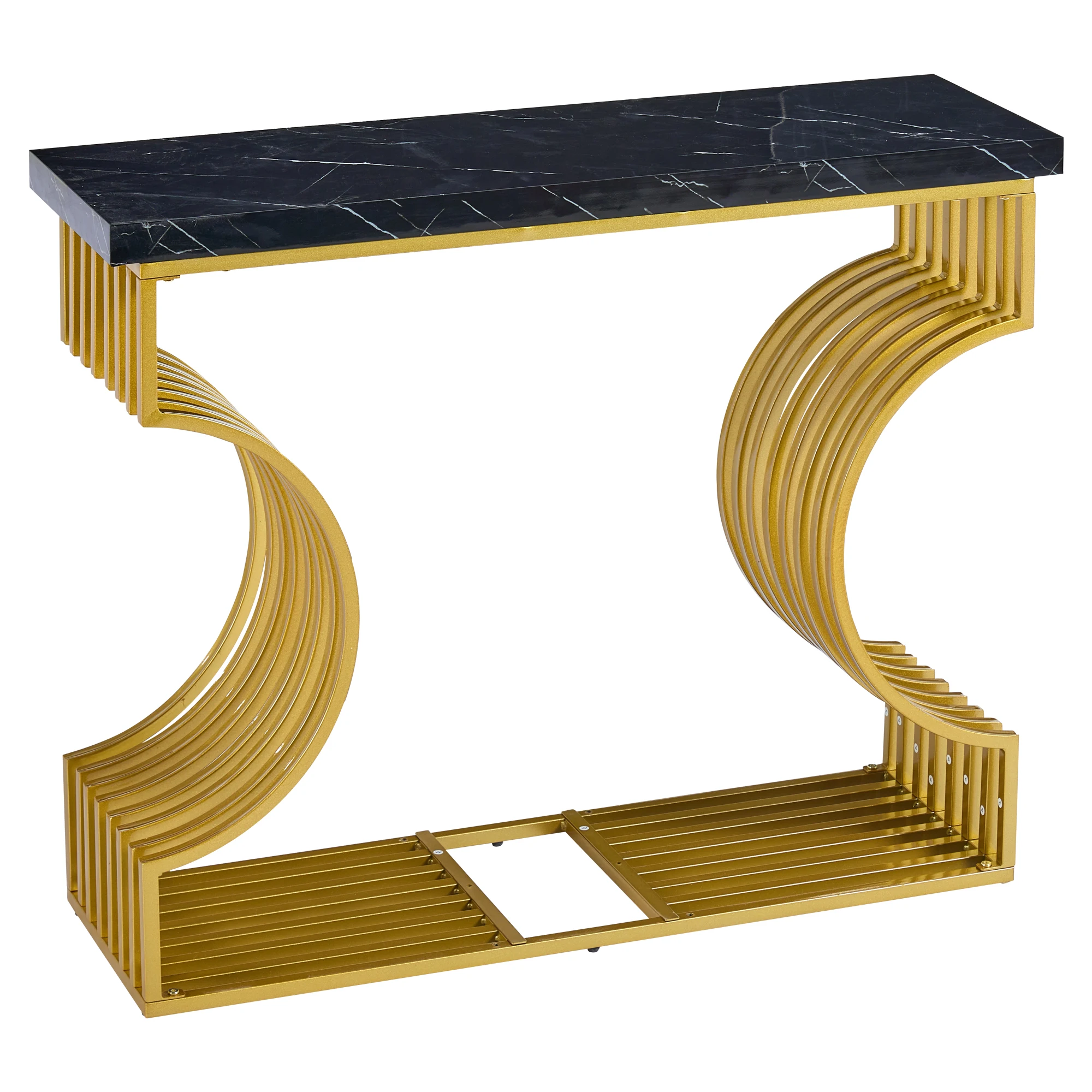 Mesa de centro simples preta de alto brilho, 2 vias para instalar 100x35x80cm, mesa lateral pequena para sala de estar, mesa de console, base dourada