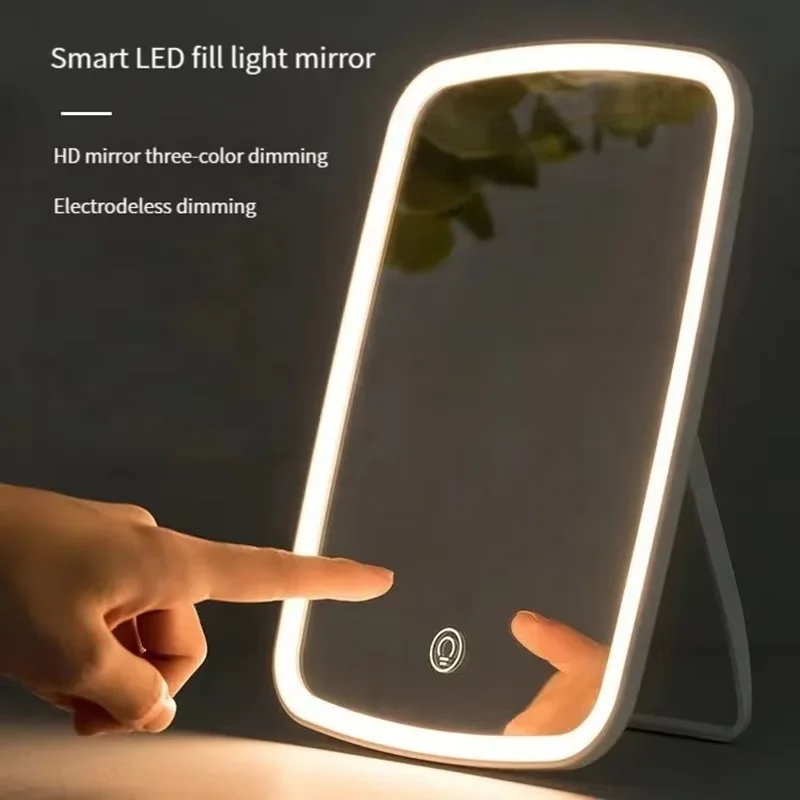 Espejo de maquillaje LED con soporte de escritorio plegable compacto cuadrado viaje cosmético portátil iluminado espejo de tocador pantalla táctil de mesa