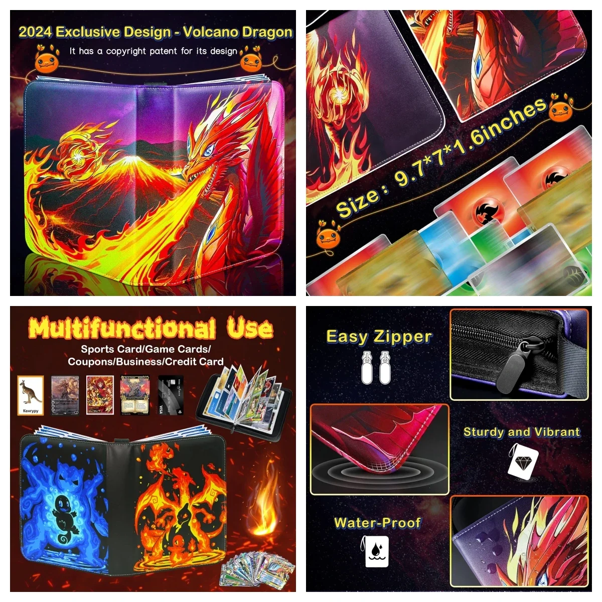 Trading Card Binder-4 Pocket 400 Pockets Kaarthouder Album met 50 verwijderbare hoezen Draagbaar kaartverzamelboek met ritssluiting