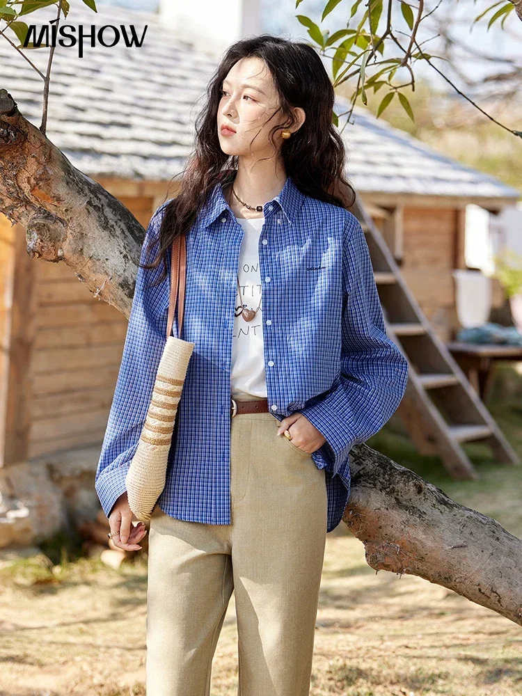 MISHOW Mode Retro Blau Kariertes Hemd frauen Herbst Neue Lose Beiläufige Revers Baumwolle Shirts Mit Langen Ärmeln Tops Frauen MXE11C0398
