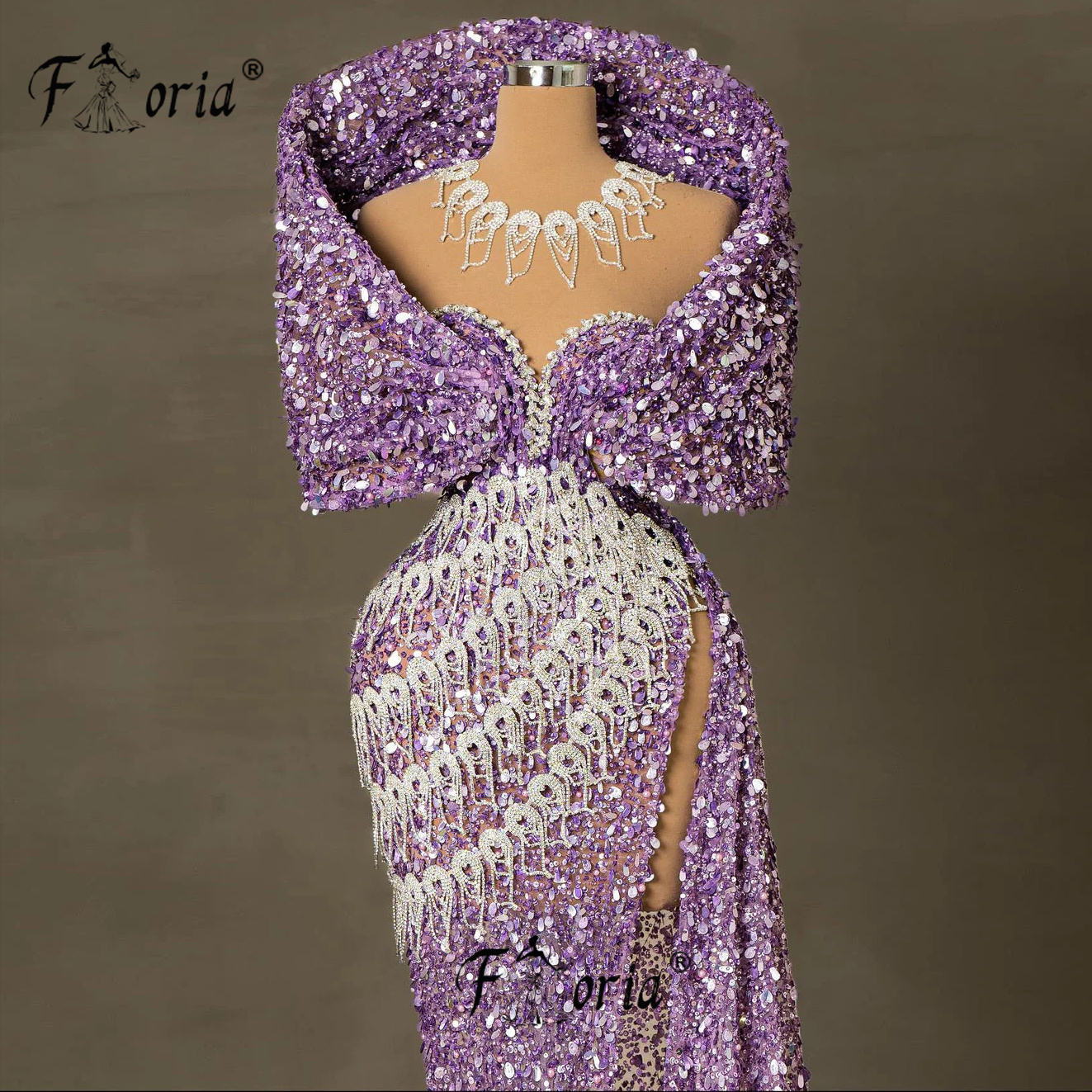 High Event lila stark Perlen Meerjungfrau Abendkleider Pailletten Quasten lila gewickelt Schulter Hochzeits feier Kleid Dubai Vestido