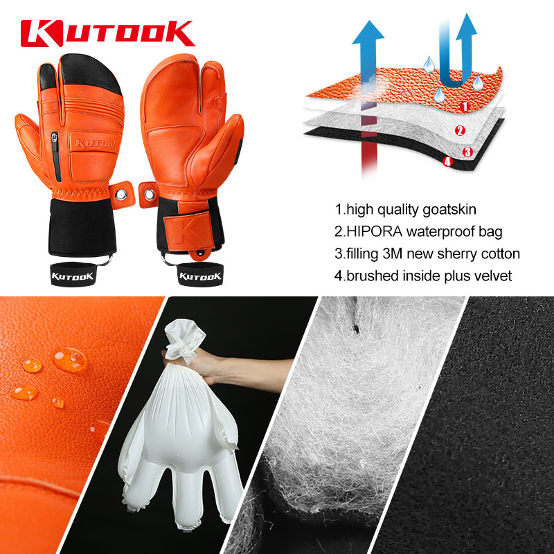 Kutook luvas de esqui de inverno luvas de couro de pele de cabra 3m thinsulate luvas de snowboard térmicas quentes luvas de esqui à prova dwaterproof água das mulheres dos homens