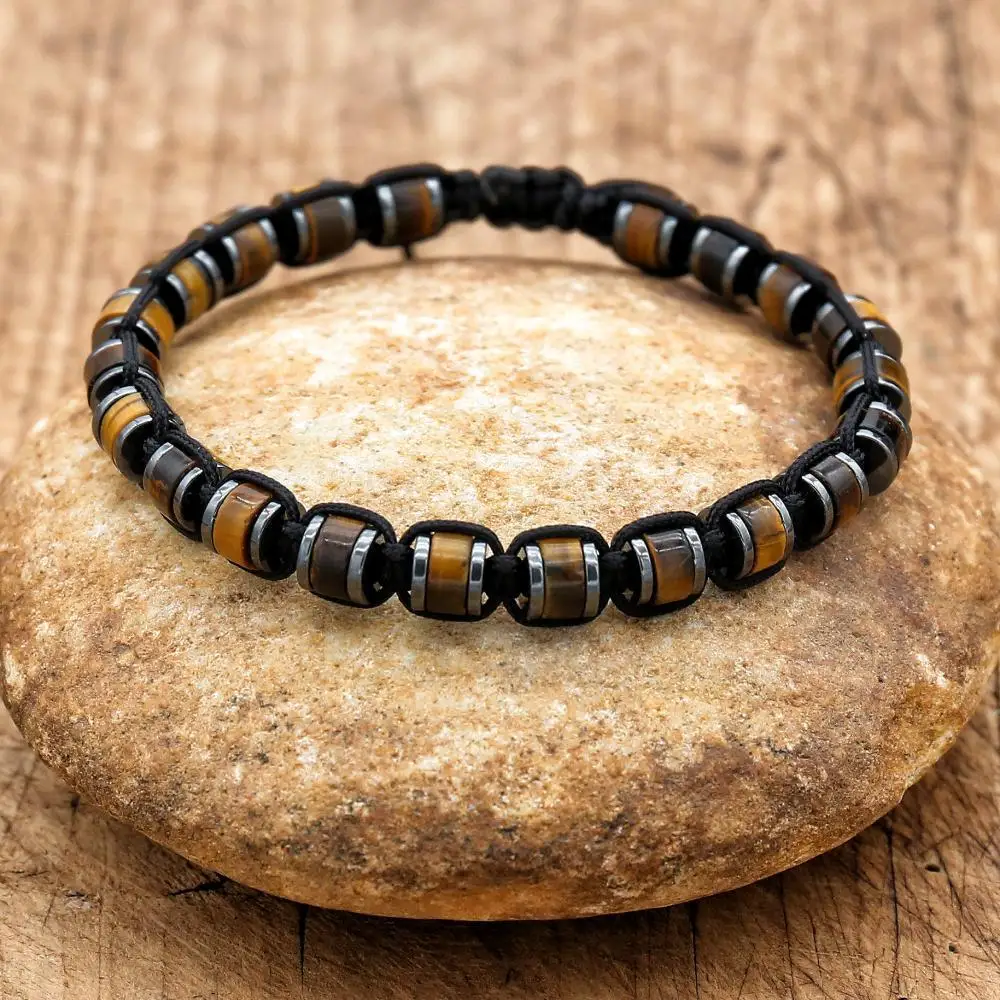 Joyería hecha a mano para hombre, pulsera trenzada de hematita con piedra de ojo de tigre, pulsera con dijes para pareja