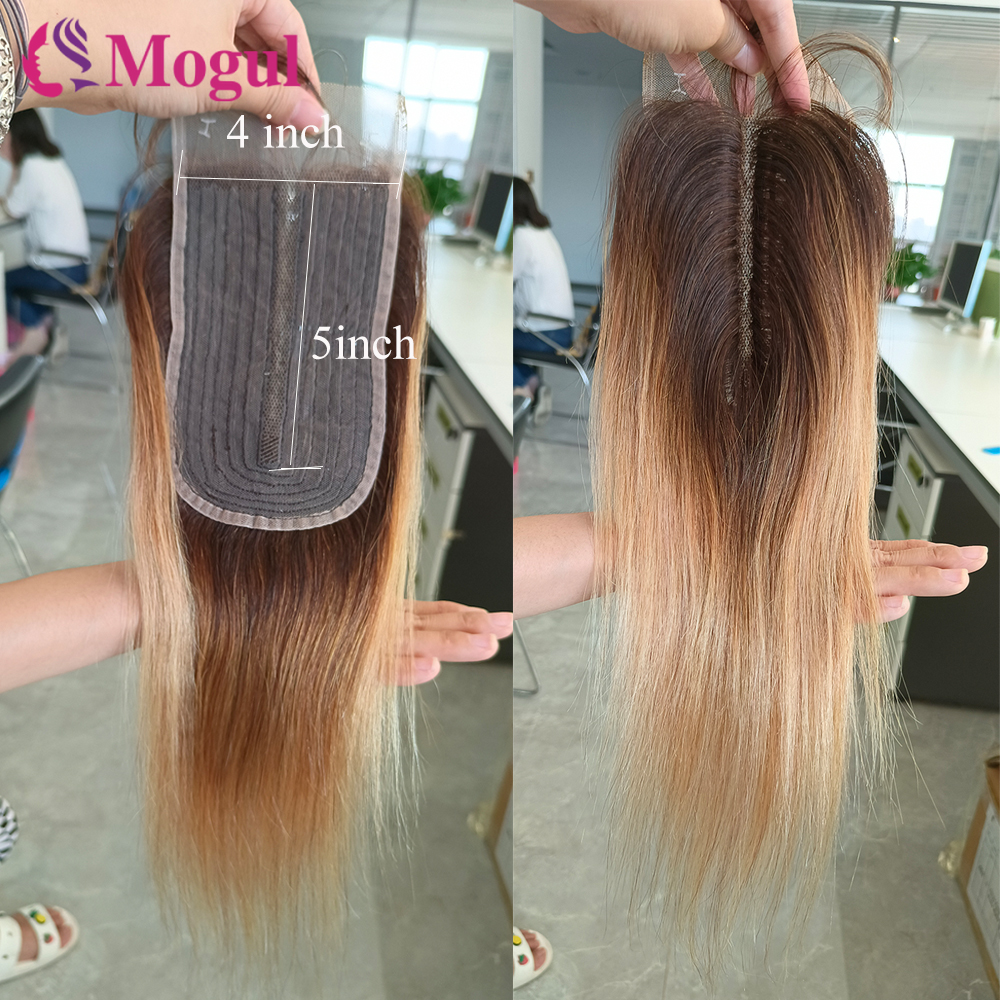 Ombre loira 4*5*1 t laço parte média renda transparente preto 4*1 fechamento do laço 8-18 polegada cabelo reto remy cabelo humano mogul cabelo