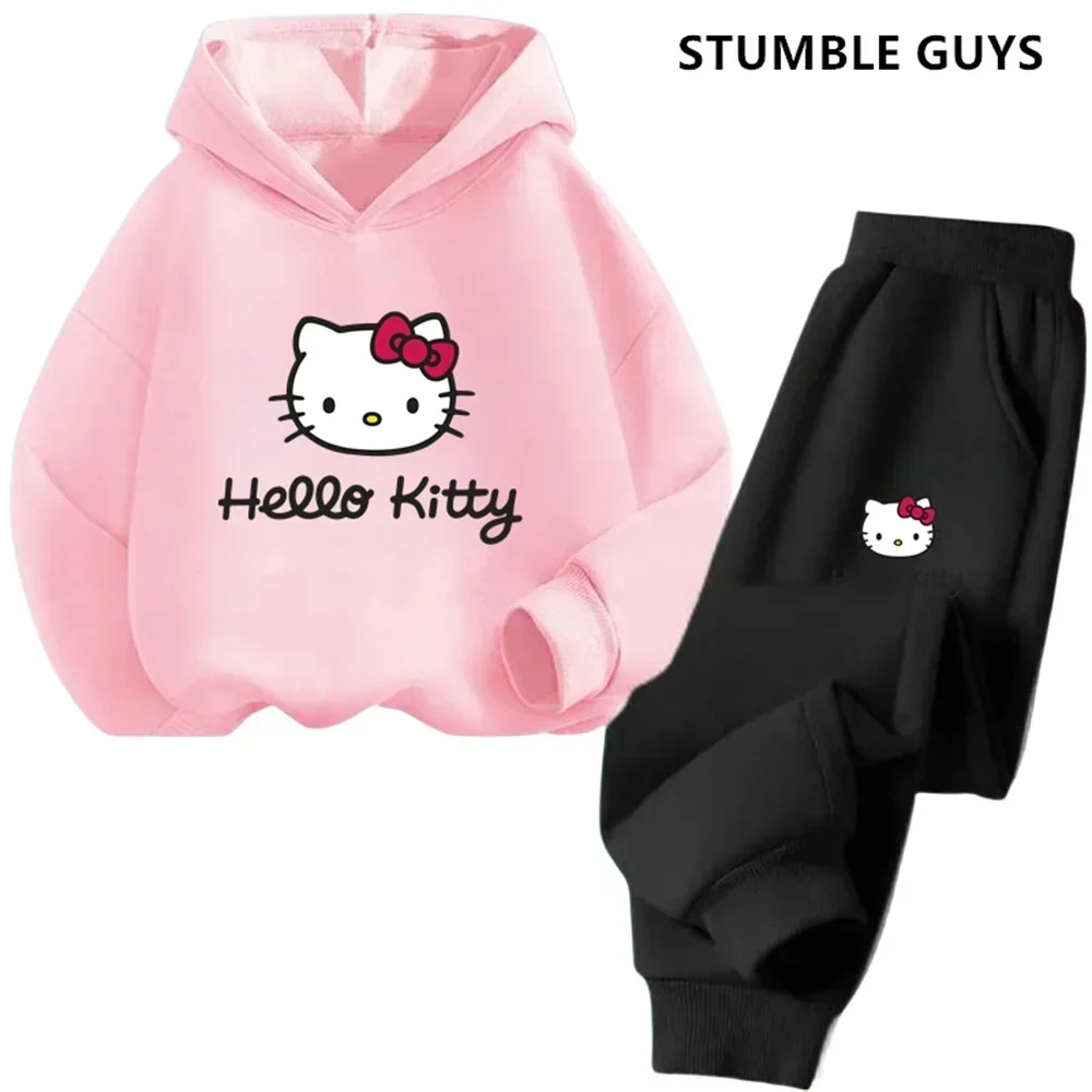 Kawaii Helloキティフーディーセット女の子、アニメパーカー、子供用パンツ、ティーントラックスーツ、幼児服、スポーツスーツ、2個、2022
