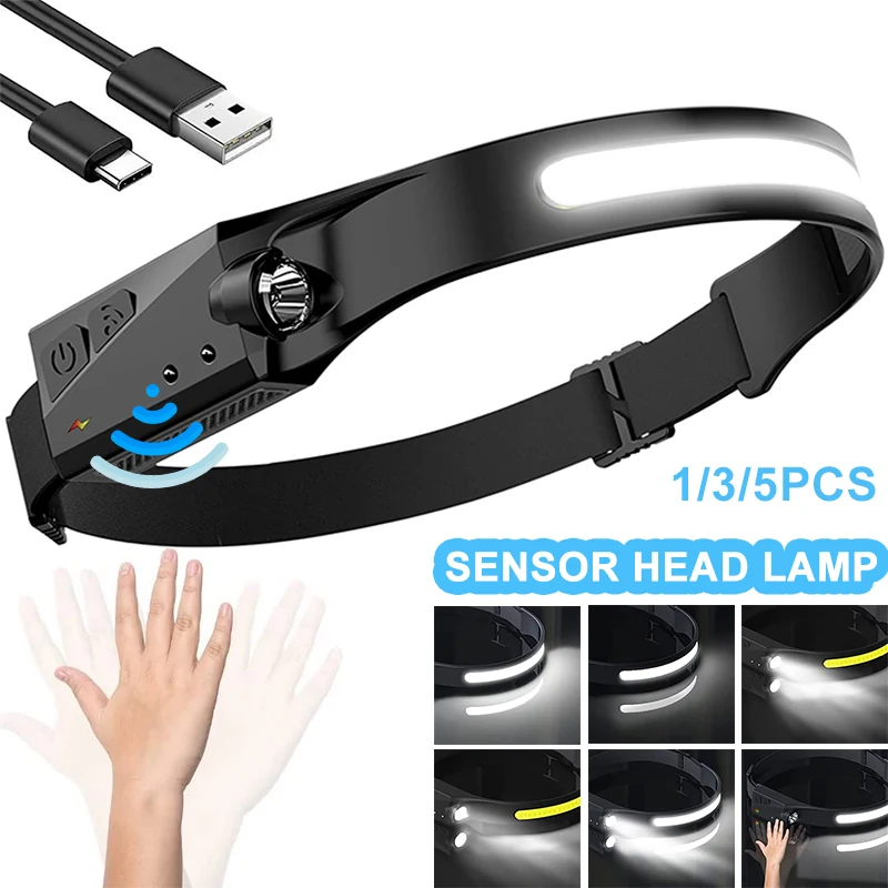 Sensor LED Linterna frontal USB recargable Potente linterna frontal Impermeable Linterna frontal 6 modos de iluminación COB Luz de trabajo
