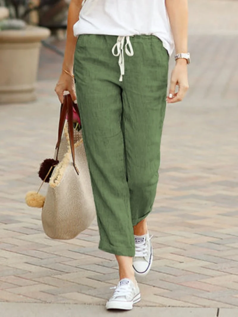 Elegant Solid Slimple Pant Fashion Women Drawstring Cropped Elastic Waist Straight Pants Casual Office Lady Communte Trousers