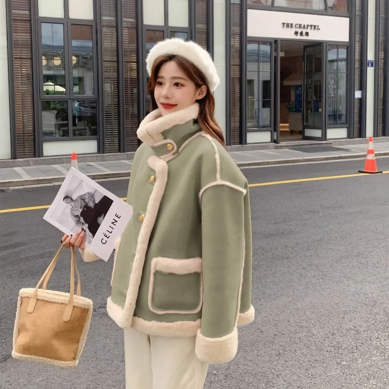 Parkas en laine d'agneau d'hiver pour femmes, vêtements double face, optique, manteau de sourire féminin, mode coréenne, style preppy mignon, veste à boutonnage simple