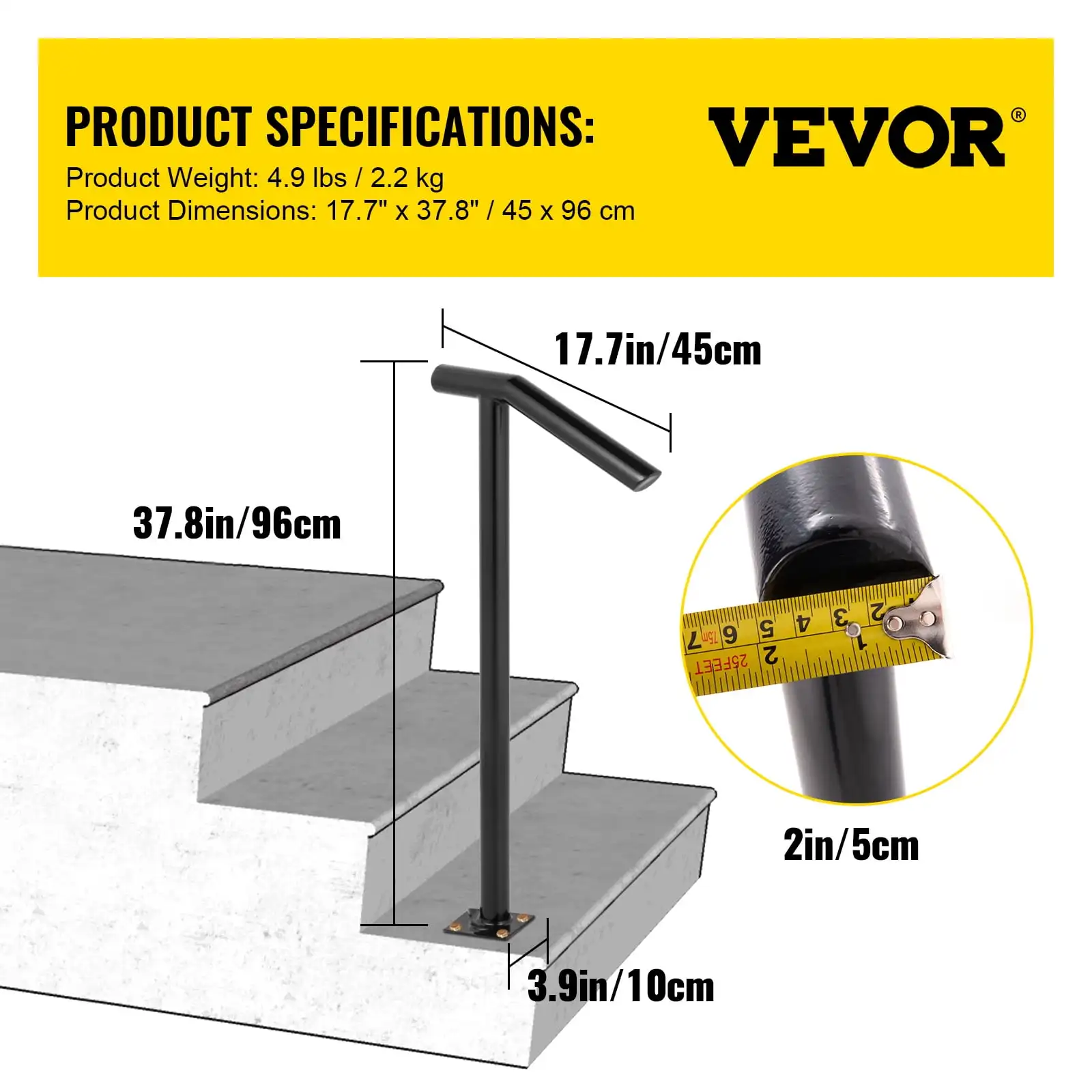 1-2 Steps Single Post, Black Steel Railing 441LBS Capacity Baking Varnish Metal Stairs Stylish Handrails for Outdoor Steps