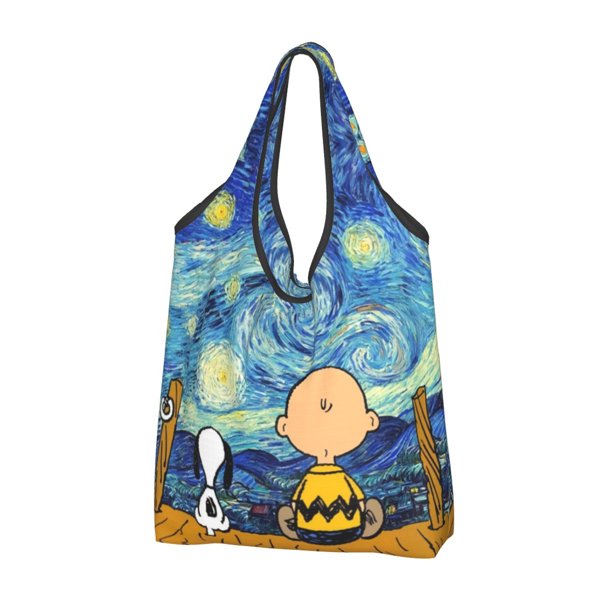 Bolsa de compras personalizada con paisaje de Van Gogh, Snoopys y Charlie Brown, bolsas de mano portátiles de gran capacidad para compras de maní y comestibles