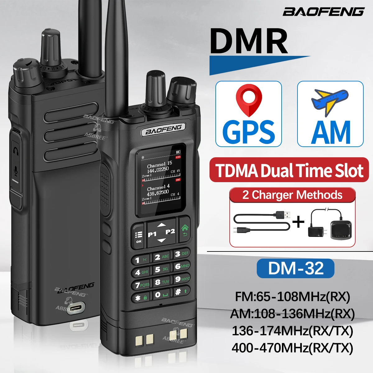 BAOFENG DM32 DMR Digital Walkie Talkie GPS Multi Band Wireless Copy Frequency Type-C 2M 70CM FOR DM-32 UV-32 Ham Two Way Radio