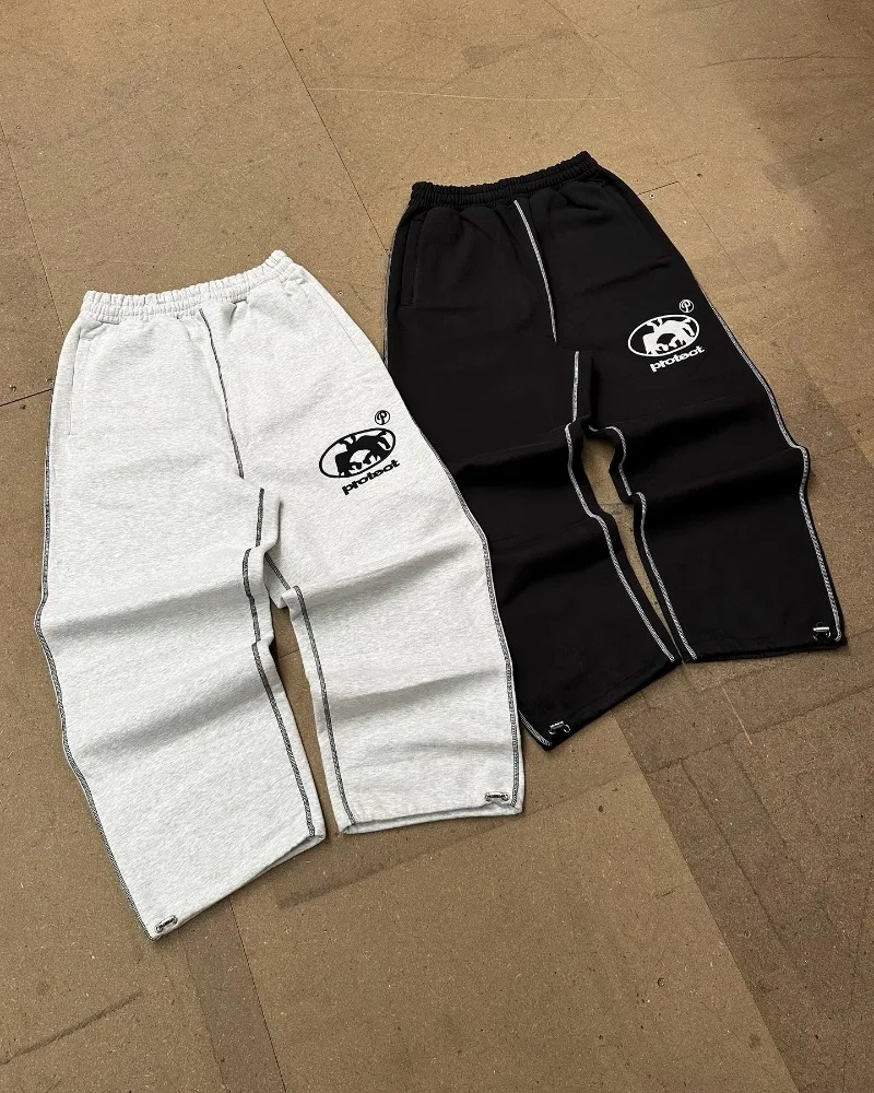 Y2k harajuku vintage bordado moda calças de perna larga homens tendência gótico solto calças de cintura elástica feminino casual moletom