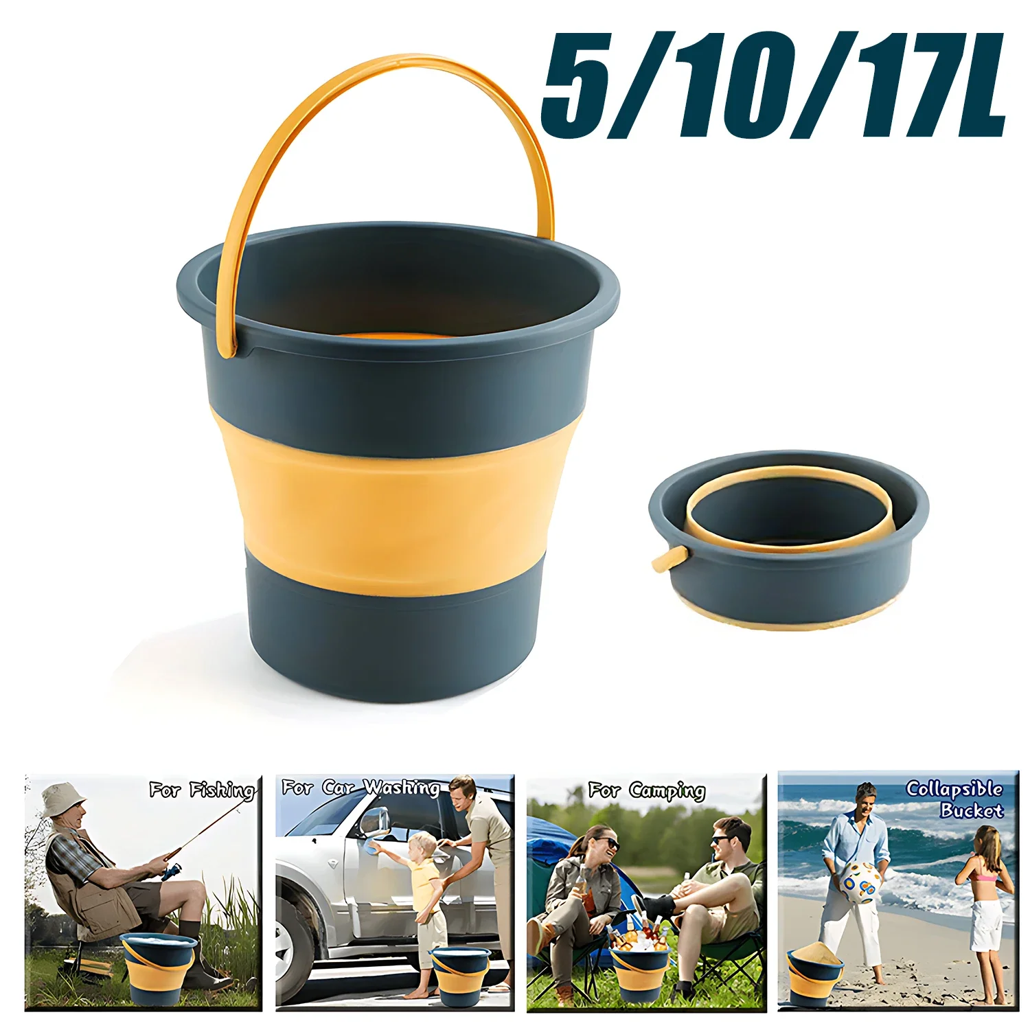 Balde dobrável portátil 5/10/17l, balde de silicone reforçado multifuncional para lavagem de carro e pesca, acampamento, balde dobrável