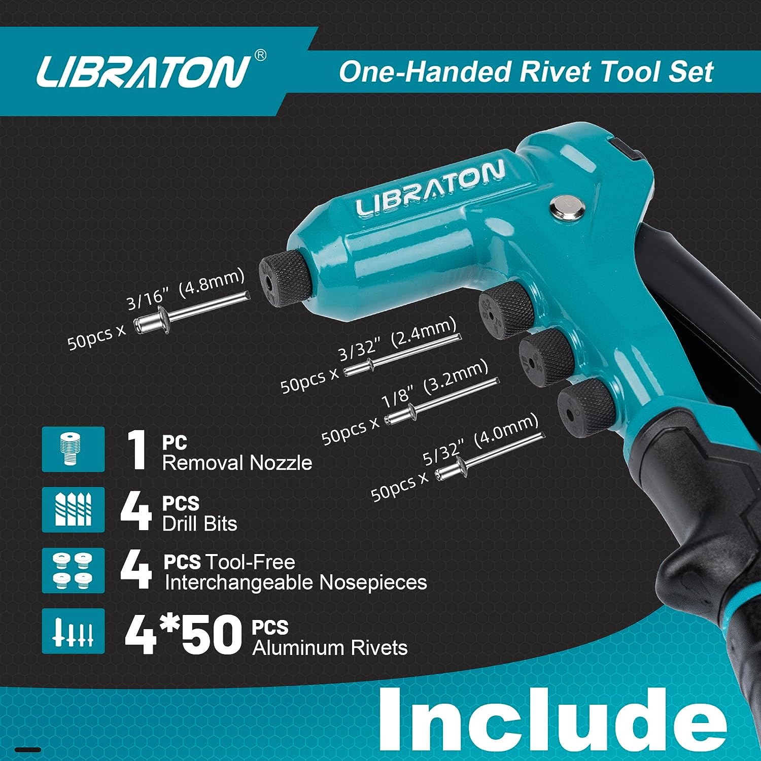 Libraton pistola de rebite de uma mão pop conjunto de arma de rebite profissional mão rebitador manual ferramenta de rebitagem com 200 rebites para metal