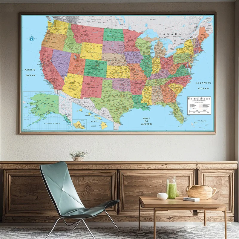 Mapa administrativo americano Vintage de EE. UU., sin marco, impresiones en inglés, tela no tejida, imágenes artísticas, decoración, 36x24 pulgadas/29x18 pulgadas
