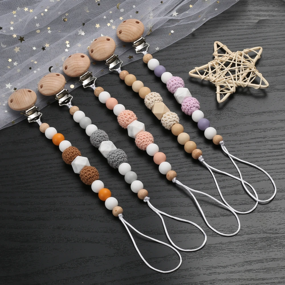 Cadena de chupete de bebé con bola de fieltro de madera, clip de pezón de haya para chupete con cuentas de silicona, soporte de cadena para chupete, juguete para masticar, regalo de Ducha