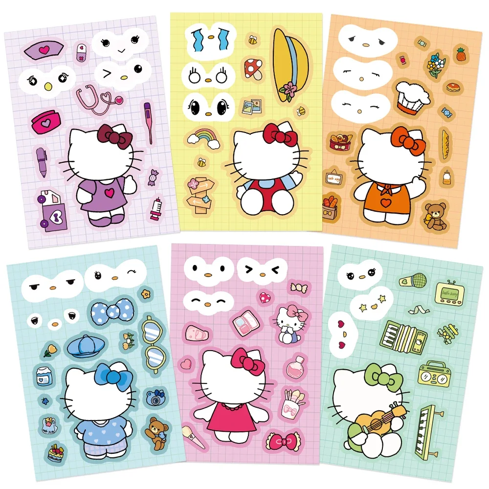 8/16 fogli Cute Hello Kitty Anime Puzzle Stickers fai da te Make-a-Face assemblare Funny Cartoon Decal assemblare Jigsaw Girl Toy Kid Gift