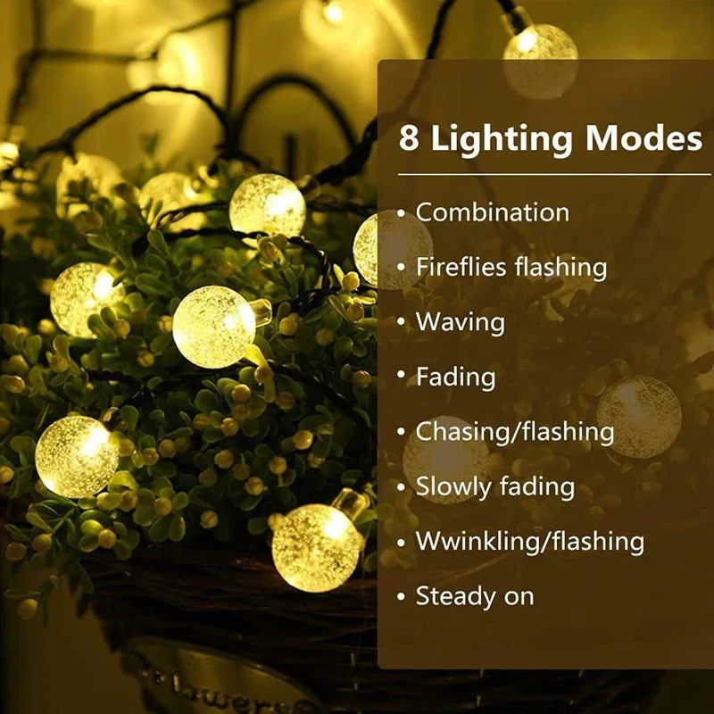 Solar-Kristallkugel-LED-Lichterkette, 60 LEDs, 8 Beleuchtungsmodi, IP65, Lichterkette, Weihnachtsgirlande für Garten, Party, Dekoration, 1 Stück/2 Stück