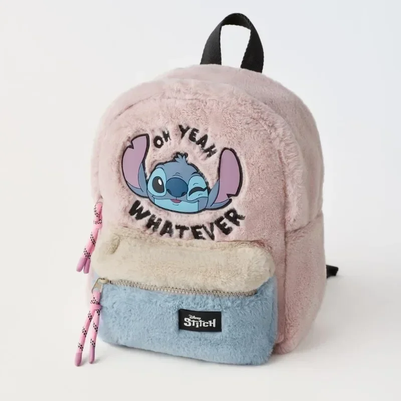 Disney's New Stitch Plush ของแท้หนังสีชมพูหูใหญ่ Alien Head Color Block กระเป๋าเป้สะพายหลัง