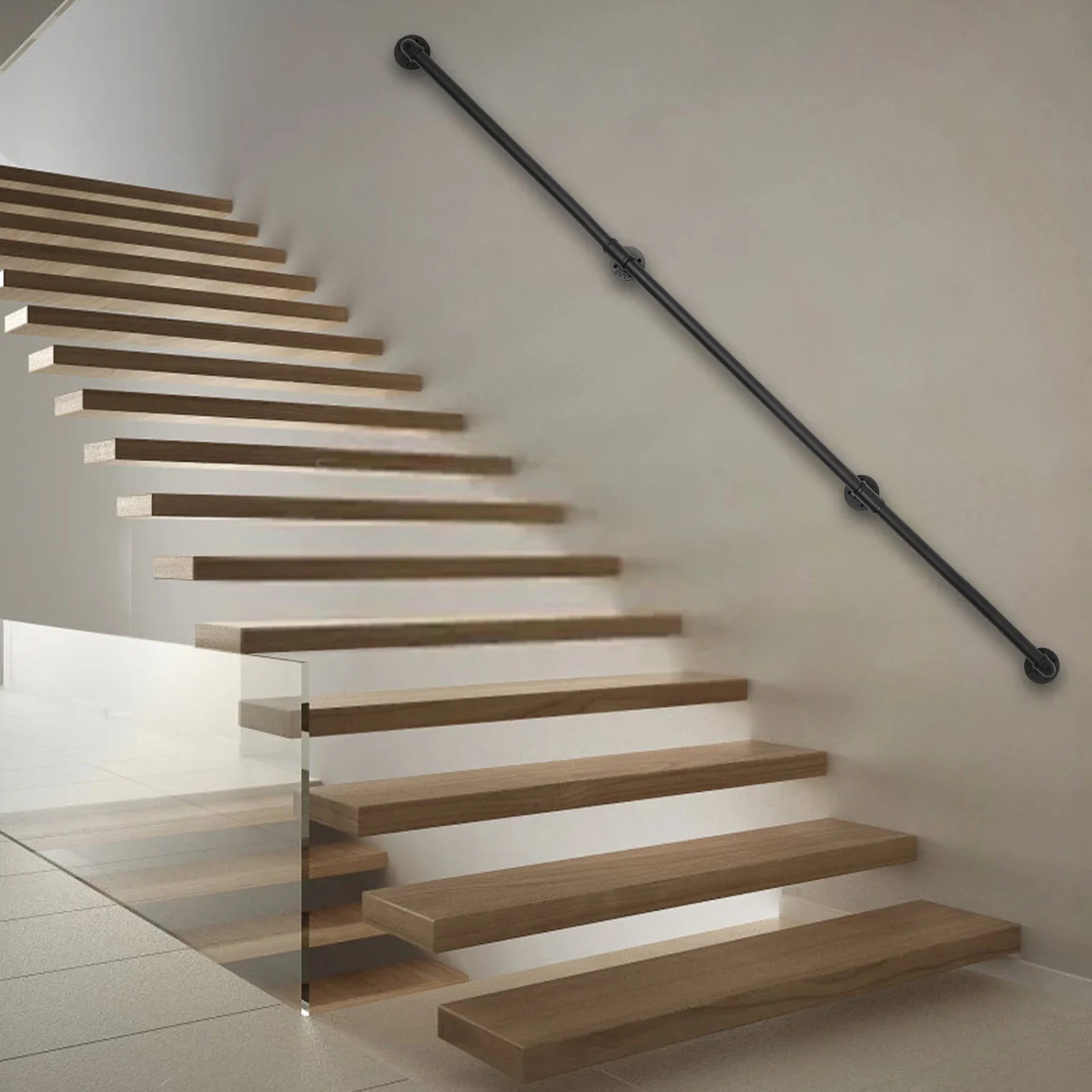 Wall-mounted Stair Handrails，3.66m Total Length Galvanized Iron Pipe Metal Stair Railing, Rust and Heat Resistant, Safe Guardian