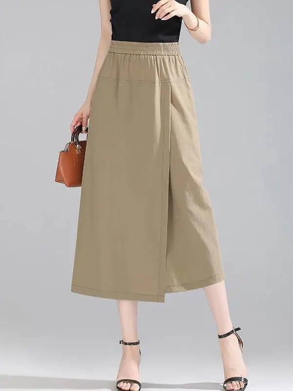 Calças Largas de Seda Fria de Verão para Mulheres, Estilo Casual, Ajuste Solto, Calças de Sete Pés, Cintura Alta, Estilo Orig...