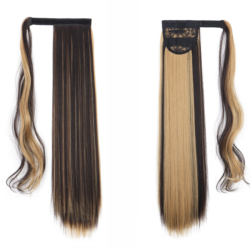 女性用の長くて滑らかな人工毛エクステンション,ポニーテール,ロールアップクリップ,黒,ブロンド,偽のヘアピース,24インチ