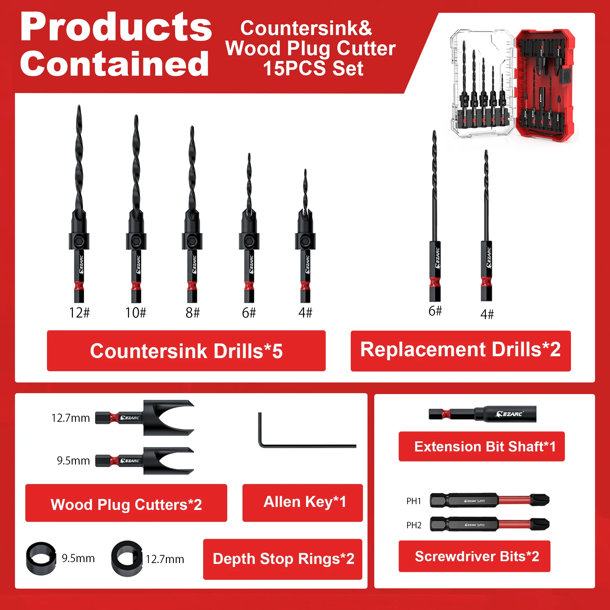 EZARC Countersink Drill Bit Set 15-Pack, Tapered Drill Bits Kit with 2PCS Wood Plug Cutter for Woodworking, with Storage Box