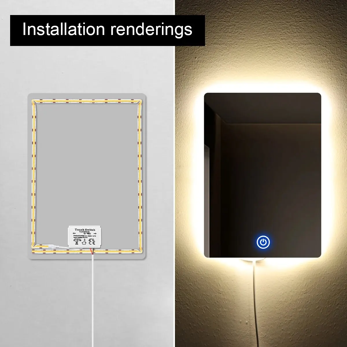 LED調光器付きバスルームミラー,調整可能な明るさ,タッチセンサー,バックライト装飾,12v