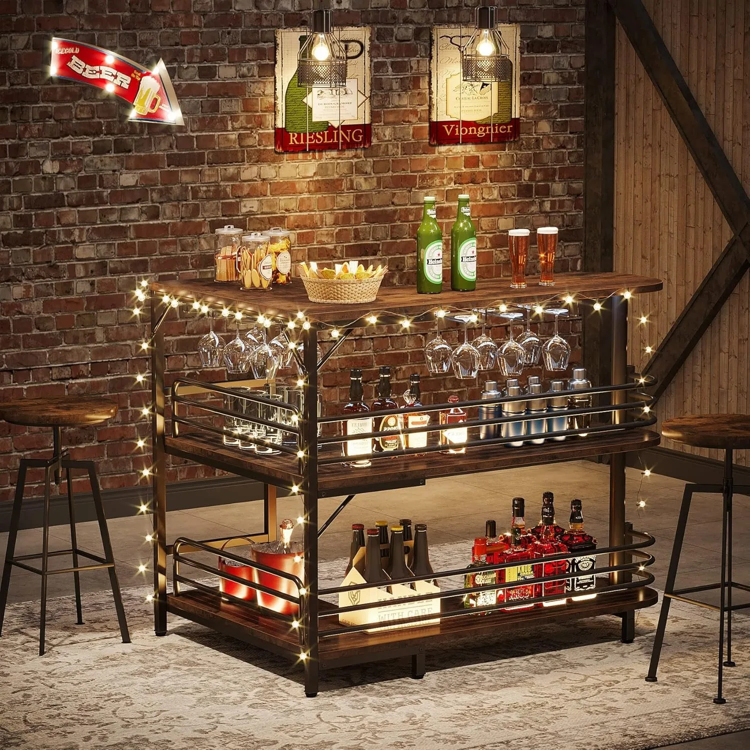 L-Shaped Home Bar Unit, 3 Tier Liquor Bar Table with Storage Shelves and Wine Glasses Holder for Home Kitchen Pub, Rustic Brown