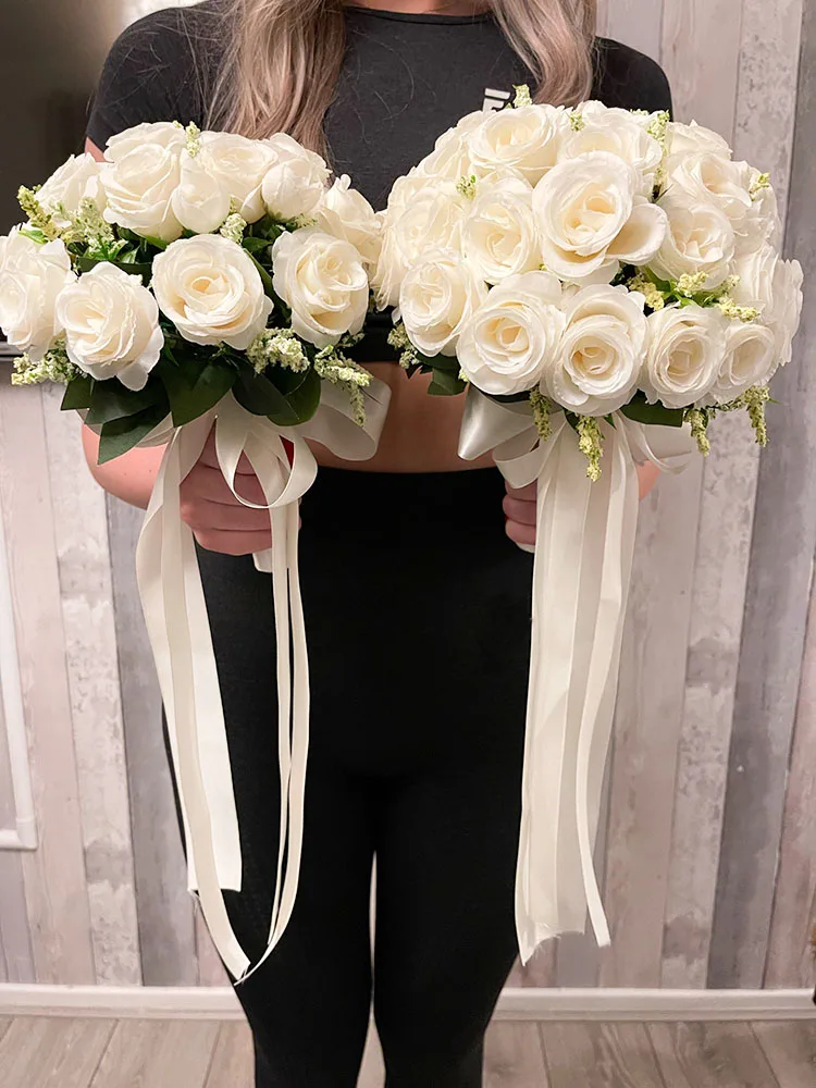 Bouquet da sposa bianco per la sposa, damigella d'onore, rose di seta, fiori artificiali, fiore all'occhiello, bouquet da sposa, accessori da sposa, corpetto