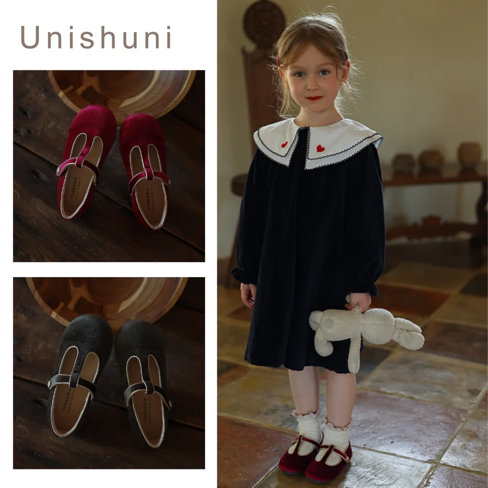 Unishuni T ストラップメリージェーンシューズ女の子子供ヴィンテージベルベットパーティードレスフラット赤緑子供クリスマス靴女の赤ちゃん