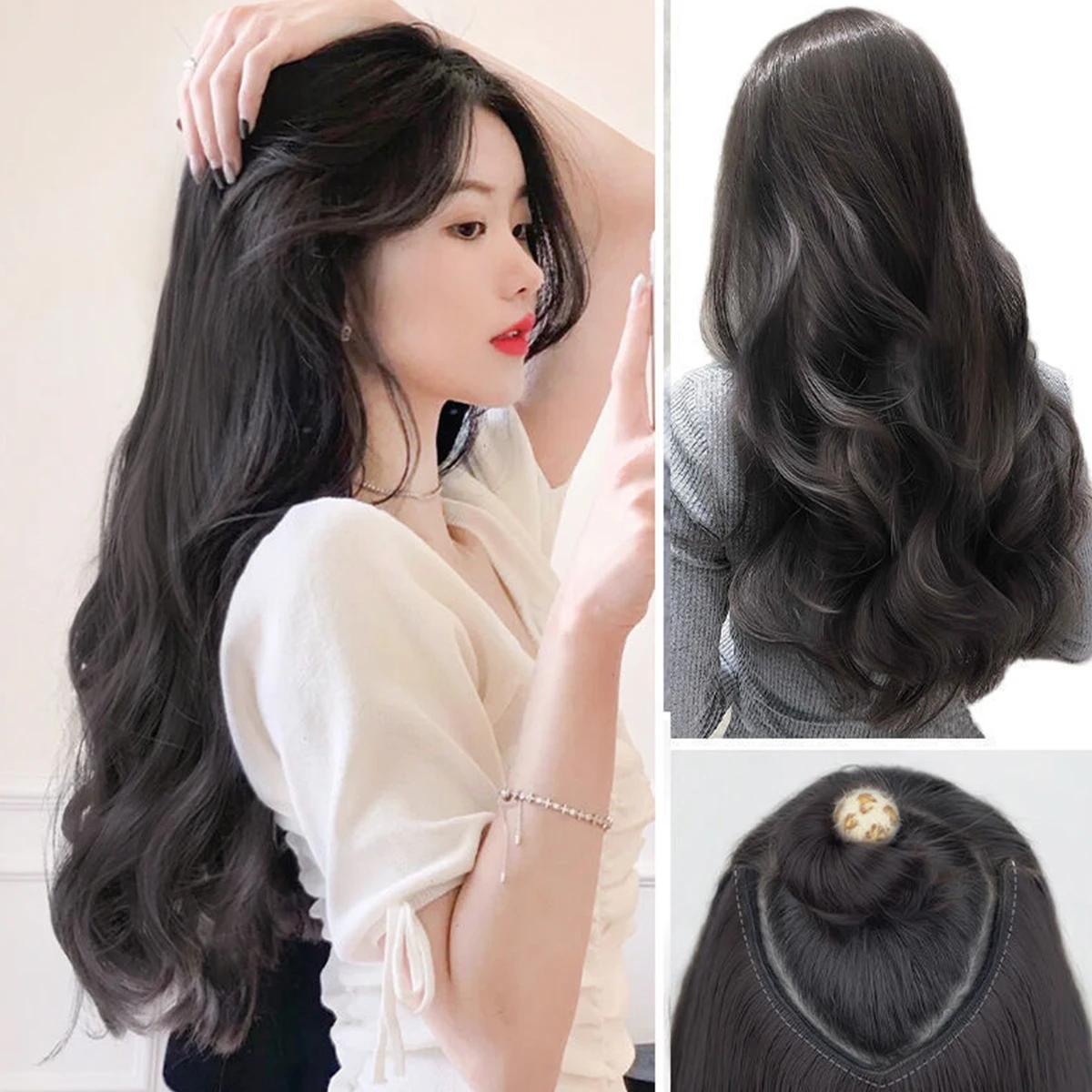 Peruca sintética feminina, cabelo longo encaracolado, peça de extensão de cabelo invisível sem costura, em forma de v, onda grande, peça de peruca de cabelo encaracolado