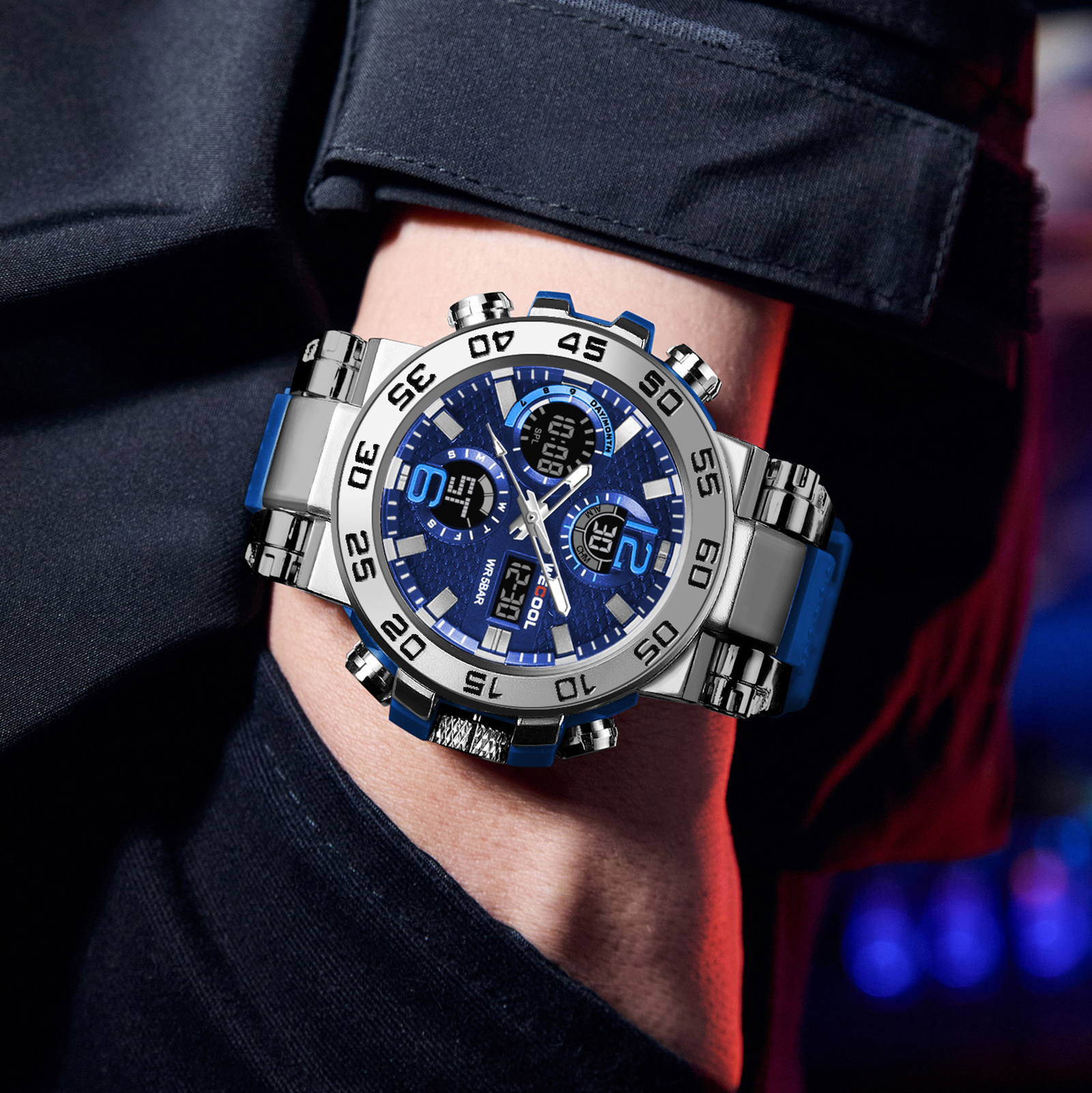 WECOOL merk dubbel display digitaal W-822 50M waterdichte wekker lichtgevend horloge voor mannen