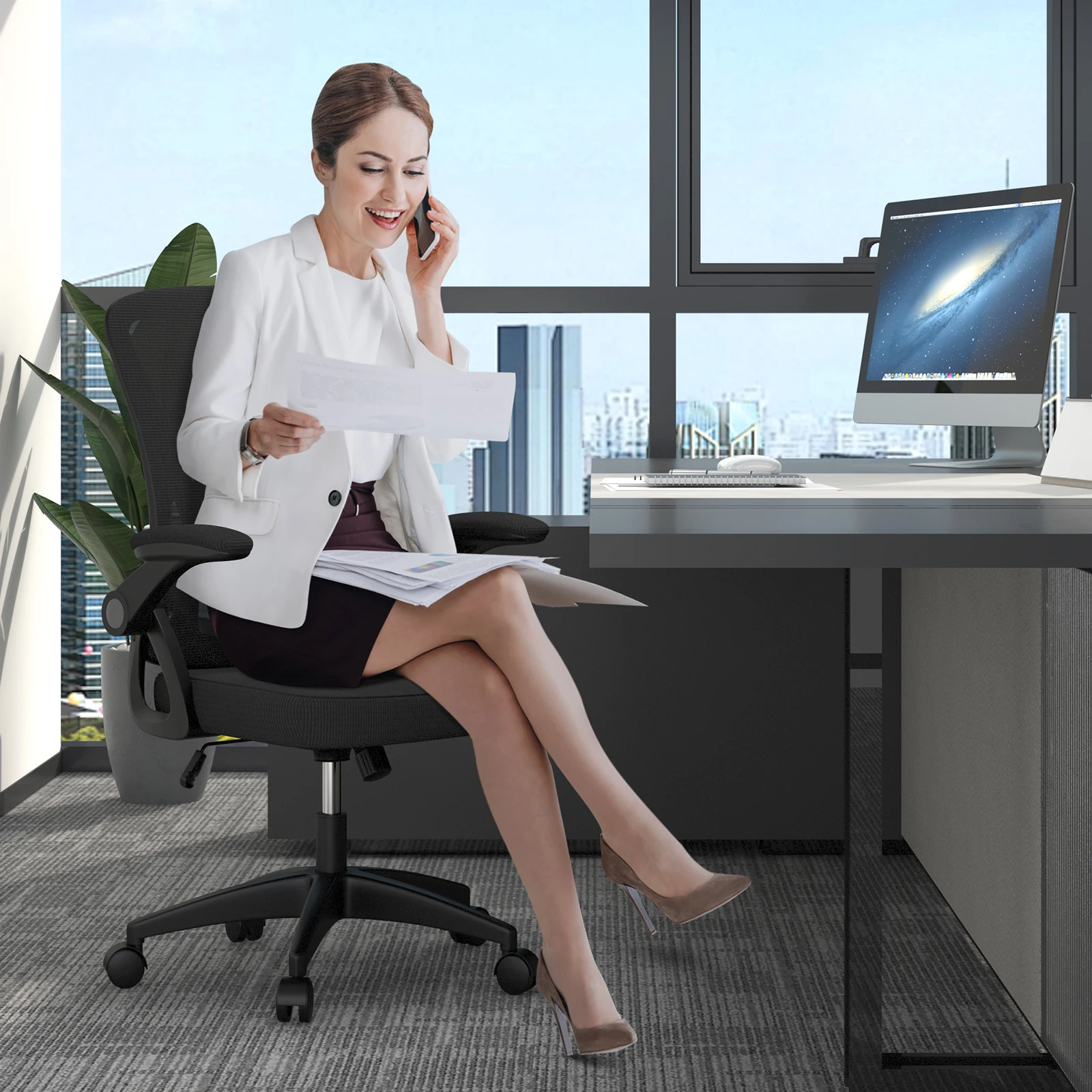 Sedia da ufficio ergonomica con sedile scorrevole 90 °   Sedia da ufficio per casa regolabile con bracciolo ribaltabile, supporto lombare regolabile in altezza