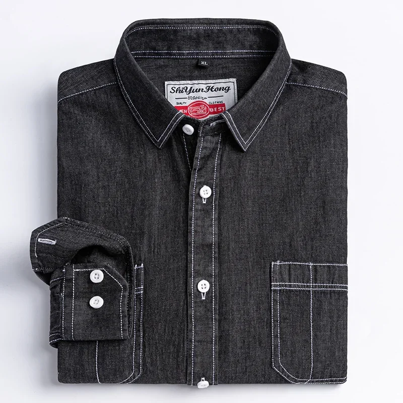 2023 Camisa vaquera con diseño de bolsillo, ropa cómoda bordada clásica de manga larga 100% algodón a la moda