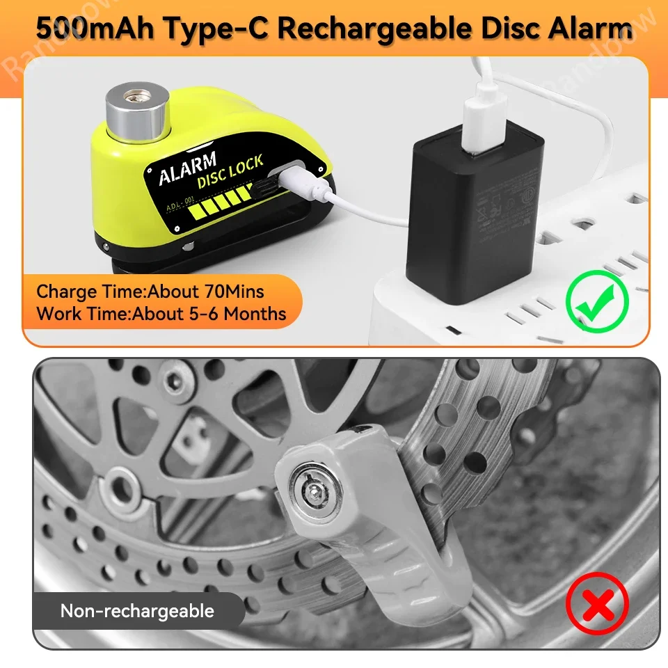 Randpow Motorrad-Scheibenschloss, Fahrrad-Rad-Vorhängeschloss, Motorrad-Alarm, wasserdicht, Roller-Alarmschloss, Diebstahlsicherung, Vorhängeschloss, Alarmschloss