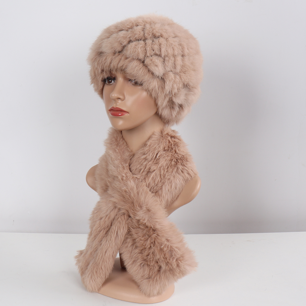 Hot Koop Vrouwen Winter Echt Konijnenbont Muts Sjaal Sets Natuurlijke Konijnenbont Muts Sjaals Dame Warm Echt Konijnenbont Cap Uitlaat 2-delig