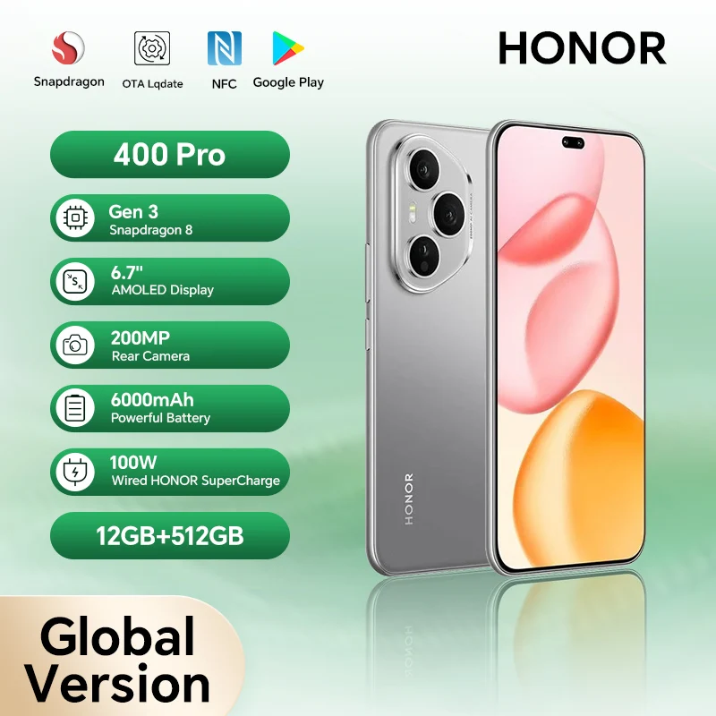 2025年新型 HONOR 400 Pro グローバル版 5Gスマートフォン 200MPカメラ Snapdragon 8 Gen 3 6.7インチ AMOLEDスクリーン 100W有線 50W無線充電