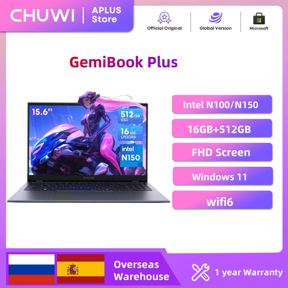 Ноутбук CHUWI GemiBook Plus 15,6 дюйма FHD 1920x1080 16 ГБ LPDDR5 512 ГБ SSD Intel N100/N150 Alder Lake WiFi 6 Windows 11 Ноутбуки