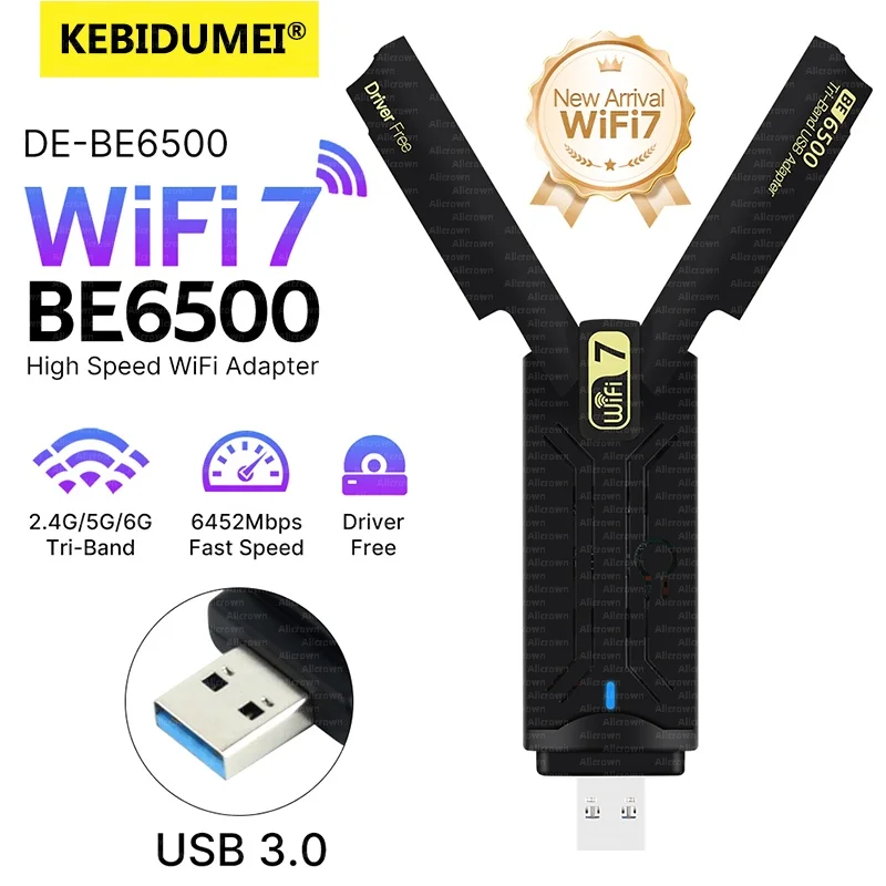 Wi-Fi 7 USB-адаптер Ethernet BE6500 2,4G/5G/6GHz трехдиапазонная беспроводная сетевая карта USB3.0 6500 Мбит/с 802.11BE свободный драйвер для Win10/11