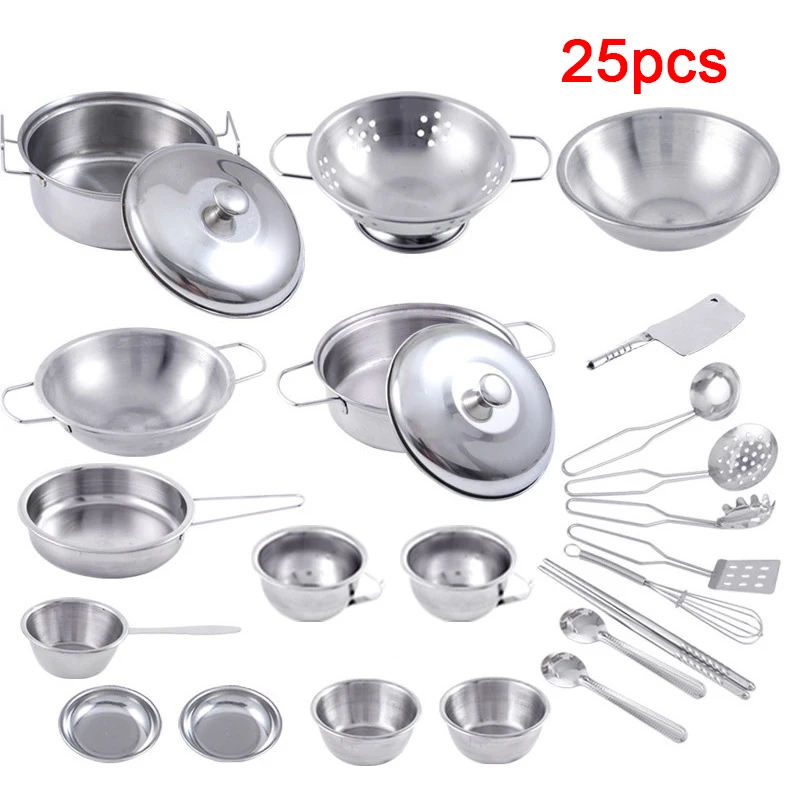 25pcs 미니 주방 용품 어린이를위한 장난감 세트 소녀 스테인레스 스틸 음식 요리 주방 장난감 교육 척 놀이를 잡을 수 있습니다