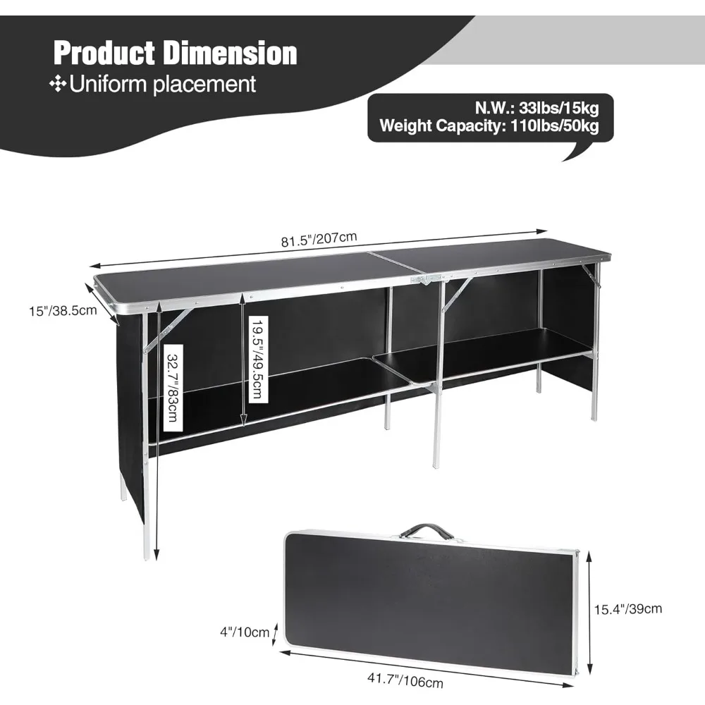 82" Extra Long Portable Bar Table with Carry Bag & Oxford Skirt - Foldable Mobile Bartending Counter, Dual-Layer Storage, Waterp