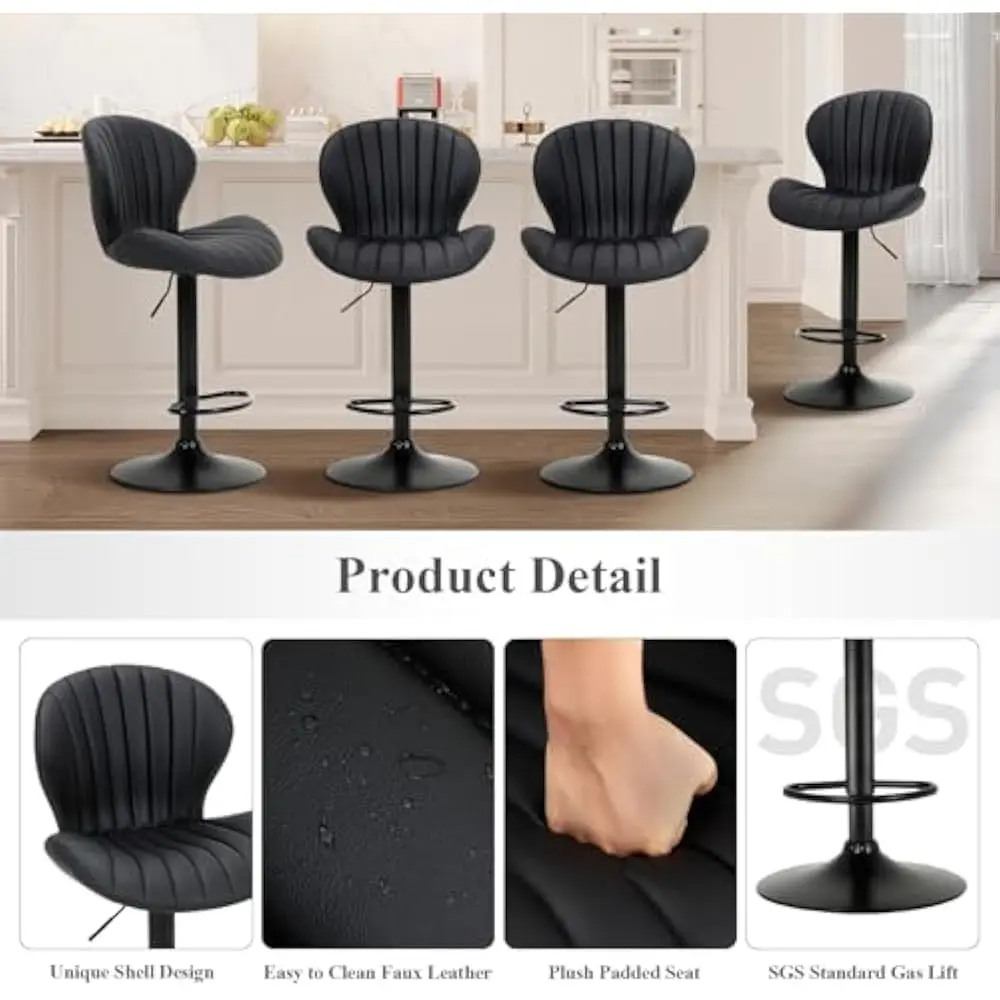 Bar Stools Set of 4, Swivel Bar Chairs, Adjustable Faux Leather Upholstered Barstools Counter Height with High Backrest