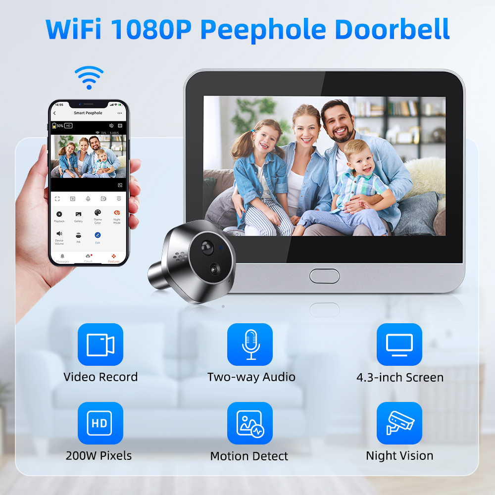 Awapow 4.3inch Tuya Doorbell Camera Wifi Peephole Door View PIR Motion Detection Two Way Audio Smart Digital Door  видеоглазок