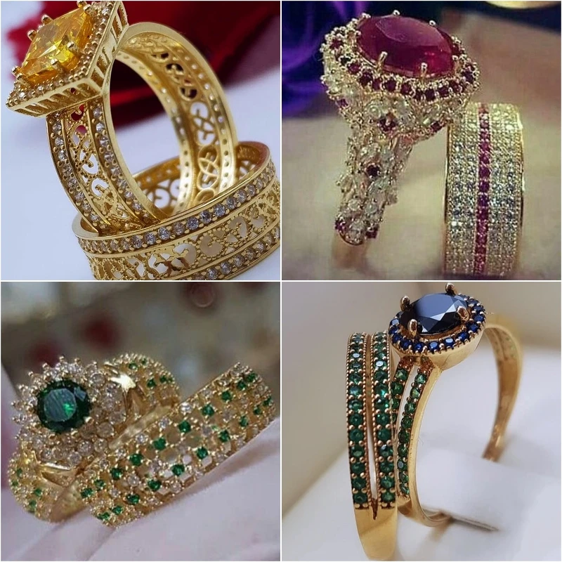 Cincin Hip Hop Warna Emas Elegan untuk Wanita Modis Bertatahkan Zirkon Batu Merah Cincin Pernikahan Set Perhiasan Pertunangan Pengantin Pesta