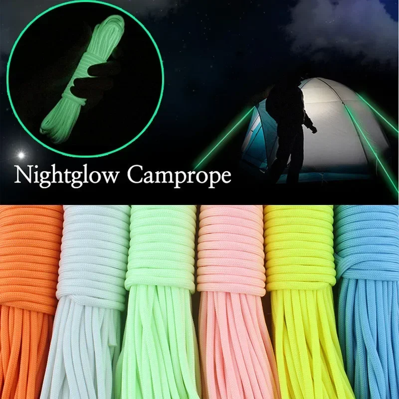 빛나는 로프 9 가닥 4mm 형광 Paracord 나일론 550 텐트 코드 야외 낙하산 캠핑 매는 밧줄 어둠 속에서 생존 광선