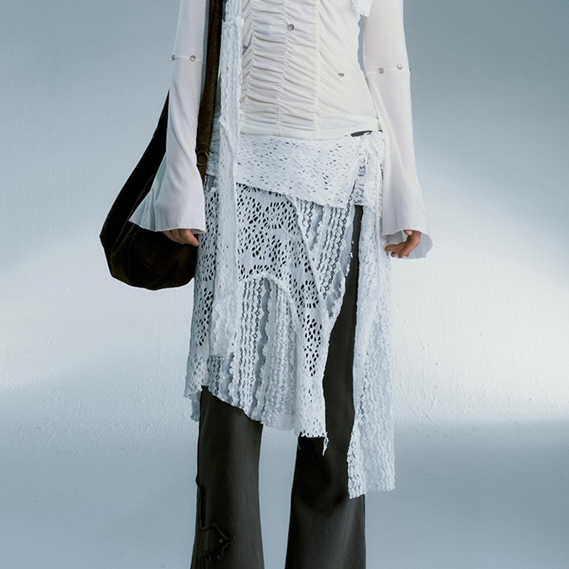 Karrcat Grunge Esthetiek Kanten Rok Japanse Y 2K Vintage Onregelmatige Witte Rok Harajuku High Street Uitgesneden Rok Koreaanse Stijl